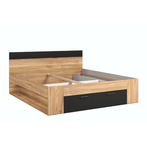 Cama Melvele 108, Roble + Negro, Doble, 180x200, Aglomerado laminado, 186x205x90cm (1/5)
