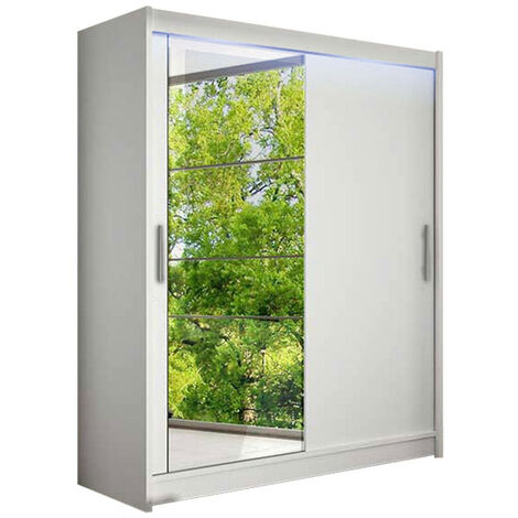 Armario Closico 112, Blanco, 200x150x58cm, Puertas de armario: Correderas, Número de estantes: 5, LED