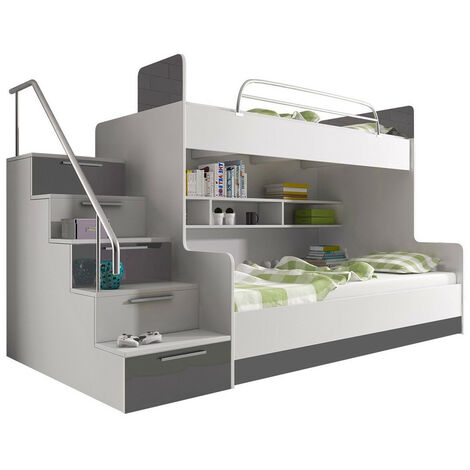 Litera Campus, Blanco + Blanco brillante + Gris brillante, De dos pisos, 90x200, Aglomerado laminado, MDF, 120x254x166cm (1/4)