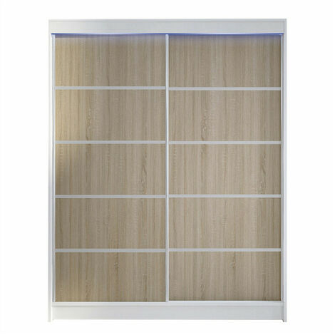 Armario Closico 145, Blanco + Roble Sonoma, 200x150x58cm, Puertas de armario: Correderas, Número de estantes: 5, LED (1/4)