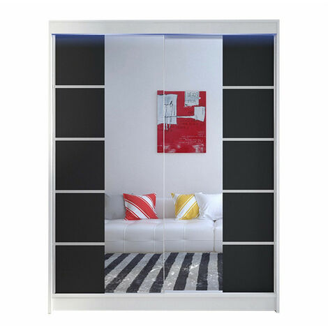 Armario Closico 146, Blanco + Negro, 200x150x58cm, Puertas de armario: Correderas, Número de estantes: 5, LED (1/4)