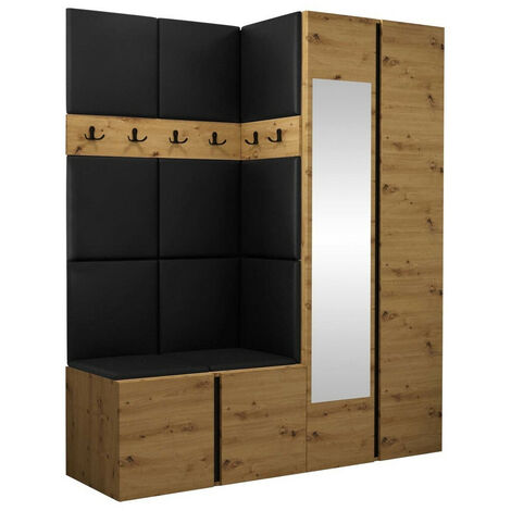 Conjunto para recibidor Pinis X, Roble Artisan, 186x158x46cm, Espejo, Cuero ecológico, Aglomerado laminado, Colocada, Montada en la pared