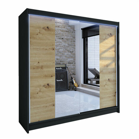 Armario Closico 138, Negro + Roble Artisan, 215x180x58cm, Puertas de armario: Correderas, Número de estantes: 5, LED (1/4)