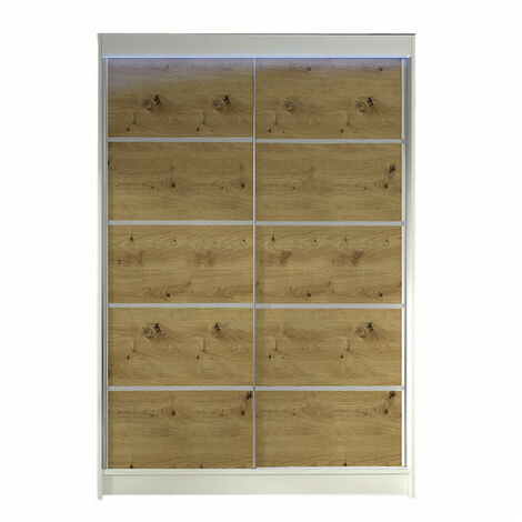 Armario Closico 150, Blanco + Roble Artisan, 200x120x58cm, Puertas de armario: Correderas, Número de estantes: 5, LED (1/4)