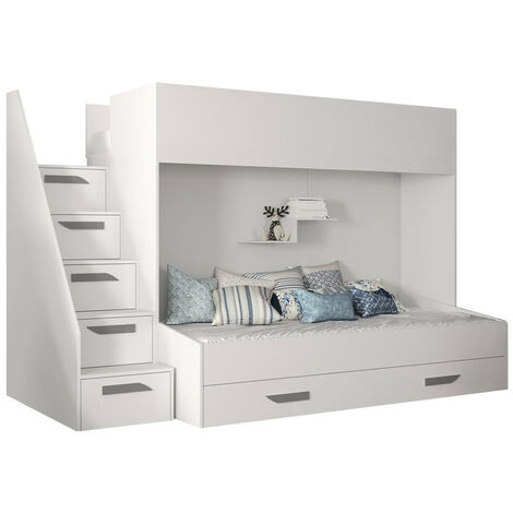 Litera Hartford 356, Blanco + Blanco brillante + Gris, De dos pisos, 90x1950, 90x200, Aglomerado laminado, Somieres, 95x247x167cm (1/4)