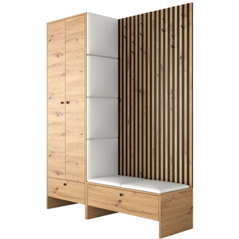 Conjunto para recibidor Donio III, Roble Artisan + Soft 017, 206x145x44cm, Aglomerado laminado, Cuero ecológico, Colocada