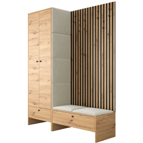 Conjunto para recibidor Donio III, Roble Artisan + Manila 02, 206x145x44cm, Aglomerado laminado, Tapiz, Colocada