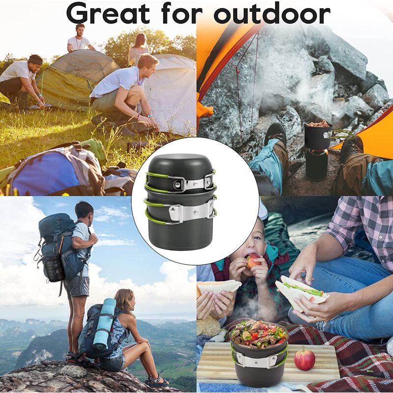 Kit De Casserole Camping En Aluminium – 2 Pièces (pot + Couvercle) – Léger Et Pliable – Pour Réchaud à Gaz – Idéal Randonnée, Pique-nique