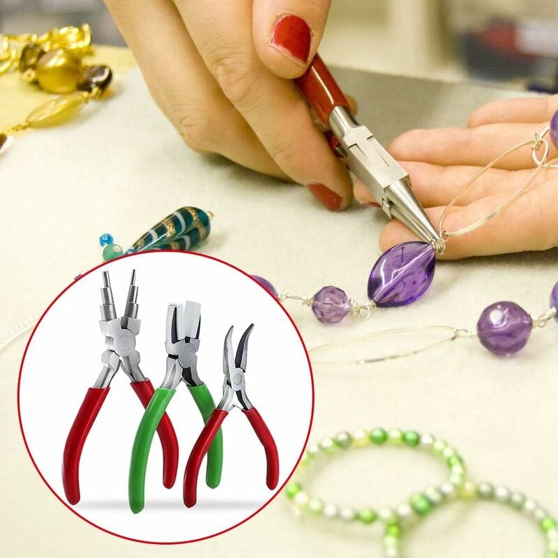 Lot de 3 pinces à bijoux, kit pratique de réparation de collier de bijoux,  outils de bricolage, pince coudée sans dents, pince à bec plat en nylon,  pince à enrouler (vert +