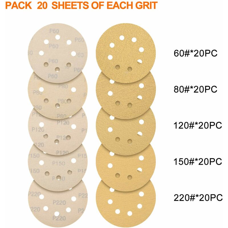 Lot De 20 Disques Abrasifs YoiYee Grain 100 - 125 Mm, 8 Trous, Auto-agrippant - Pour Ponceuse Orbitale