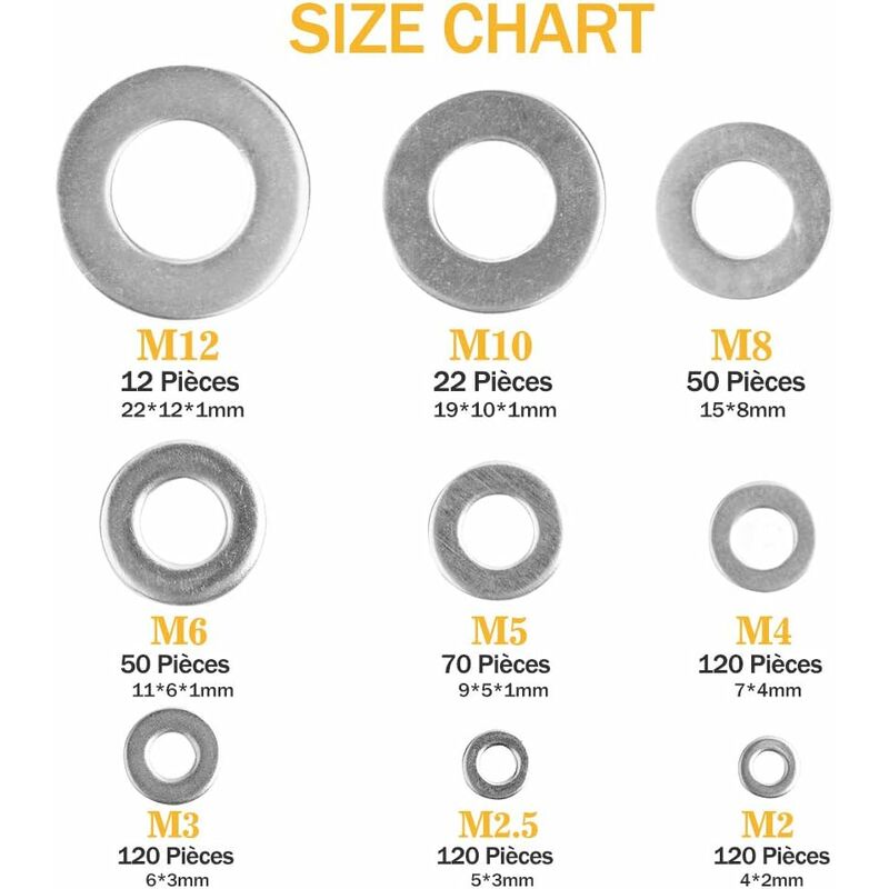 180 Pièces Rondelles Plates En Acier Inoxydable, Acier Inoxydable Avec 9 Tailles M2 M2 5 M3 M4 M5 M6 M8 M10 Pour Decoration 98436593