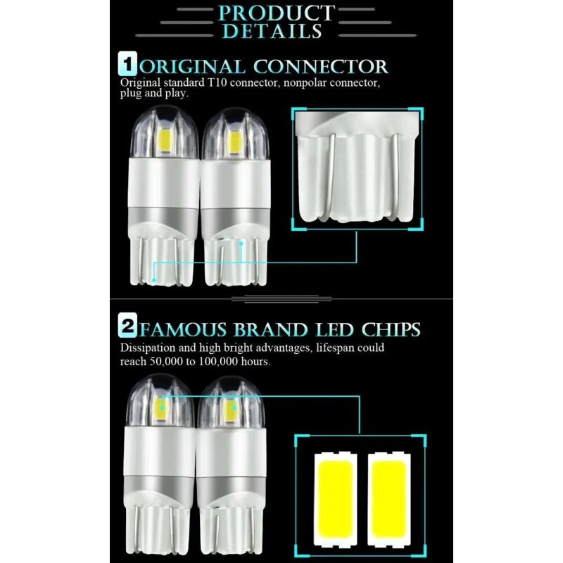Pack 20 Ampoules LED W5W/T10 - 5 SMD - Intérieur/Plaque/Feu Position - 12V - Voiture/Camping-Car