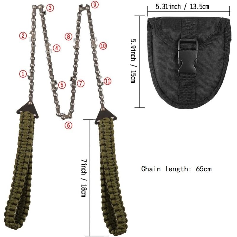 Tronçonneuse Manuelle De Poche - Chaîne Acier Inoxydable 65 Cm - Poignées Camouflage - Pour Camping, Randonnée, Survie