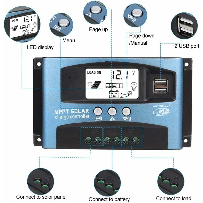Régulateur Solaire MPPT 100A 12V/24V Automatique Avec écran LCD Et USB - Pour Batteries Lithium Et Plomb