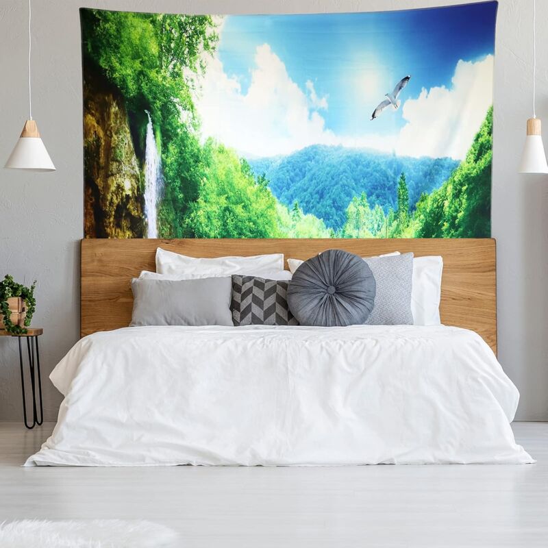 YISURE Tapisserie murale Forêt montagneux et ruisseau, Paysage nature et arbres verts pour chambre à coucher, salon, Largeur 200 x Hauteur 150cm