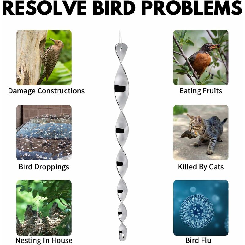 Lot De 6 Répulsifs à Oiseaux Réfléchissants - Tiges Spirale 30 Cm - Pour Jardin, Balcon, Terrasse - Écologique