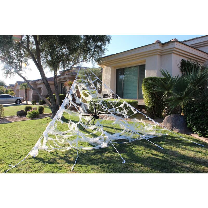 Ensemble Décoration Halloween Araignées Géantes - Toile 360cm + Araignée 90cm + 75cm + 60g Soie + 10 Petites Araignées