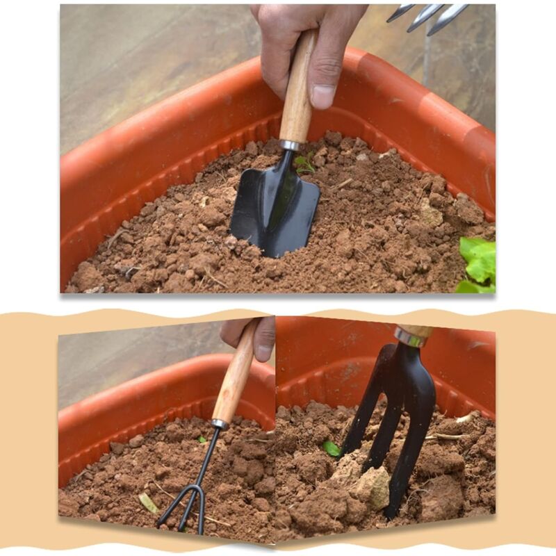 3 Pièces Mini Outils De Jardinage – Pelle, Râteau, Bêche Manche Bois – Idéal Plantes En Pot, Intérieur & Extérieur