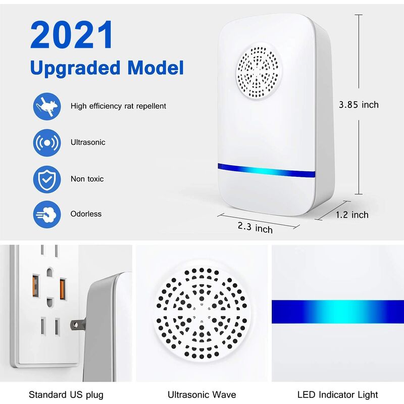Répulsif à Ultrasons Pour Souris Et Insectes - 4 Modes, Couverture 150 M² - Alimentation Prise Ou USB - Sans Danger Pour Animaux Domestiques - 7