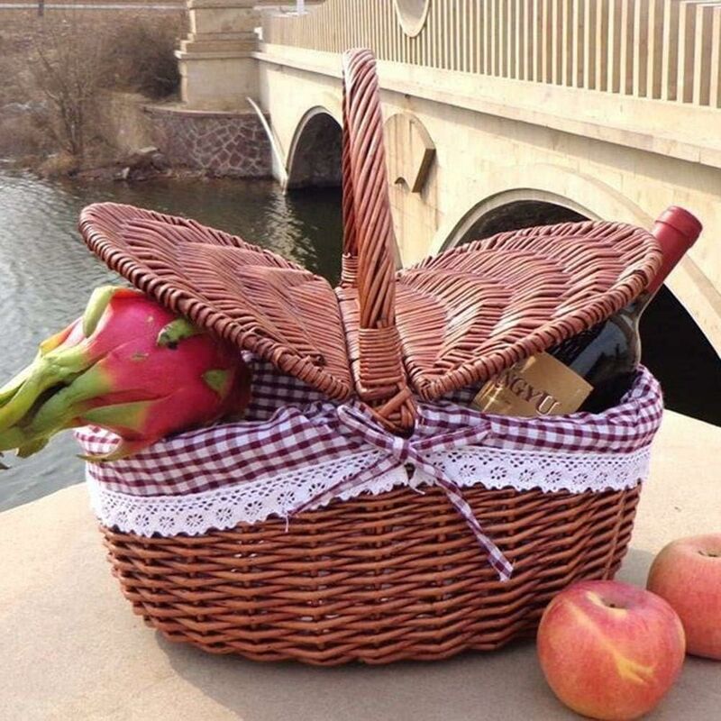 Panier Pique-nique En Osier Tressé Main Avec Couvercle Et Doublure Amovible - Idéal Camping, Plage, Cadeau