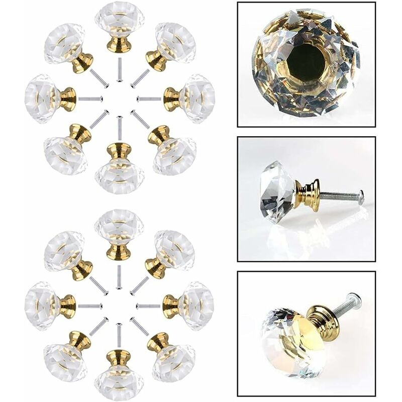 Quincaillerie meuble,poignée de meuble en cristal diamant doré,boutons