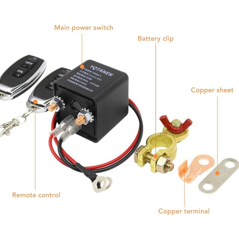 Interrupteur de déconnexion de la batterie de voiture Coupe-circuit  d'alimentation avec télécommande Terminal en cuivre pour automobile 12V  200a