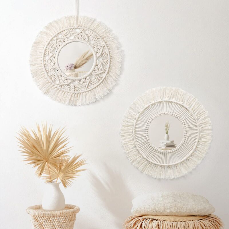 Miroir Boho Macramé Avec Franges - Miroir Mural Décoratif 38cm - Style Bohème Pour Chambre/Salon