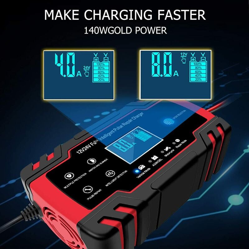 NWOUIIAY Chargeur Batterie Moto Intelligent Chargeur Batterie Mainteneur 8A  12V 24V avec Fonction de Maintien LCD Tactile Écran pour Voiture Moto