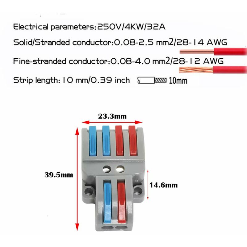 Kit Borniers 2 Entrées 4 Sorties - 9 Jeux, Montage Rail DIN Ou Vis, 32A 600V, Fils 28-12AWG
