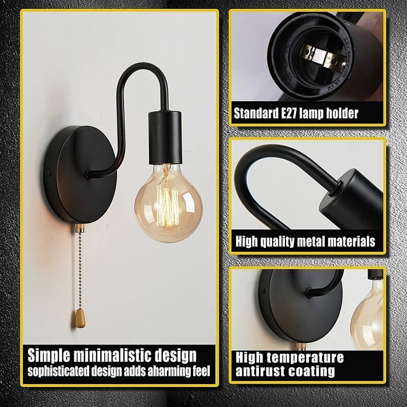 Applique Murale Vintage Industrielle - Lampe Réglable à 180°, Douille E27, Couleur Noir | Éclairage D'ambiance Pour Chambre, Salon, Cuisine Ou Bar