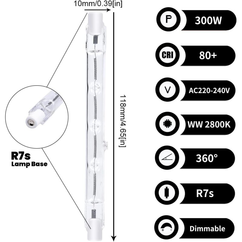 Ampoules Halogènes R7S 118mm 300W - Dimmable, 2700K Blanc Chaud - Lot De 5