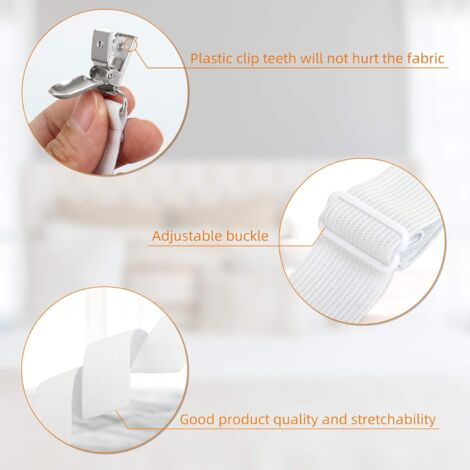 Tendeur Drap Housse Réglable (65cm à 200cm), Fixation Attache Sangle de Maintien Ajustable pour Drap Lit, Canapé, Housse de Repassage (Blanc, Lot de 4)