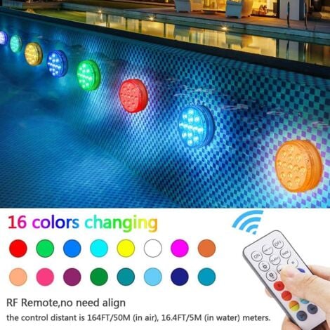 Lampe Piscine LED Lumières LED Submersibles, Temps d'éclairage 30-50 heures IP68 Étanche 16 RGB Couleurs Changement Lampes Décoratives pour Aquariums Baignoire,Vase,Piscines,Étangs (4 Pcs) [Classe éne
