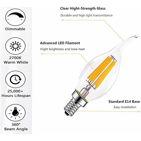 5 Pièces E14 6W Ampoules à Filament LED à Intensité Variable(Équivalent Lampe Halogène 60W)600LM Blanc Chaud 2700K Ampoule à Bougie Rétro C35 Lampe à Économie D'énergie [Classe énergétique A++]
