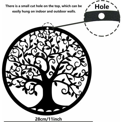 Arbre de vie en métal Décoration murale Silhouette Art pour Cadeau Intérieur Cadeau Extérieur Jardin Maison Décoration (Noir, 28x28cm)