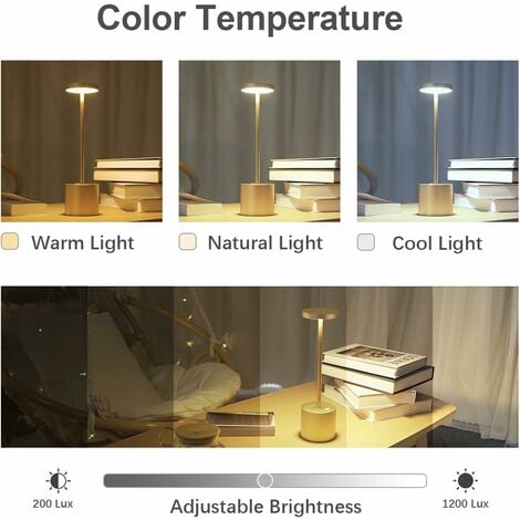 Lampe de table sans fil rechargeable, 5000mAh lampe de bureau LED en métal design charge usb, 3 modes de couleur, pour chevet, exterieur, terrasse, restaurant