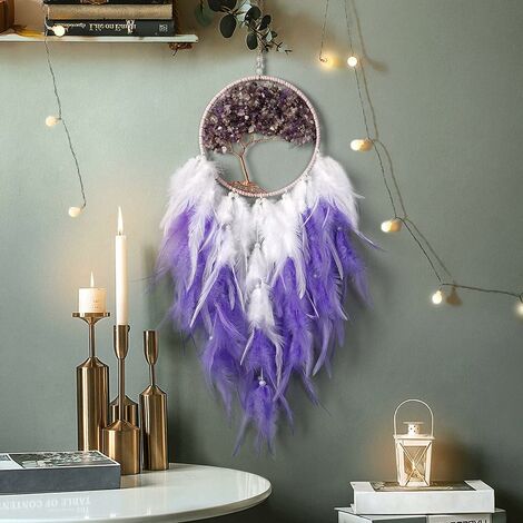 Attrape RêVes à Suspendre Au Mur Attrape RêVes en Cristal Fait à la Main Arbre de Vie Circulaire Avec Plumes DéCoration D'IntéRieur Traditionnelle BohèMe DéCoration Artisanale (Violet)