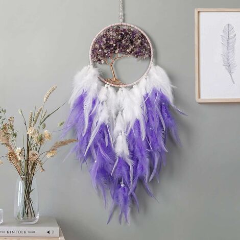 Attrape RêVes à Suspendre Au Mur Attrape RêVes en Cristal Fait à la Main Arbre de Vie Circulaire Avec Plumes DéCoration D'IntéRieur Traditionnelle BohèMe DéCoration Artisanale (Violet)