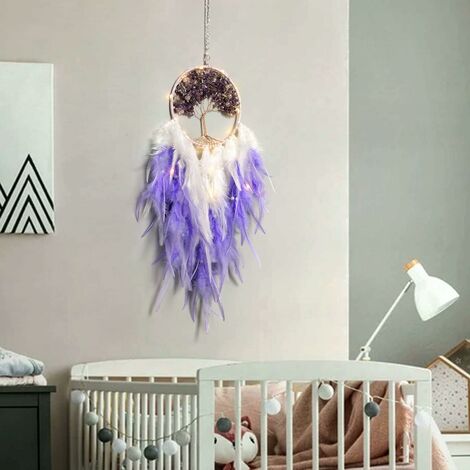 Attrape RêVes à Suspendre Au Mur Attrape RêVes en Cristal Fait à la Main Arbre de Vie Circulaire Avec Plumes DéCoration D'IntéRieur Traditionnelle BohèMe DéCoration Artisanale (Violet)