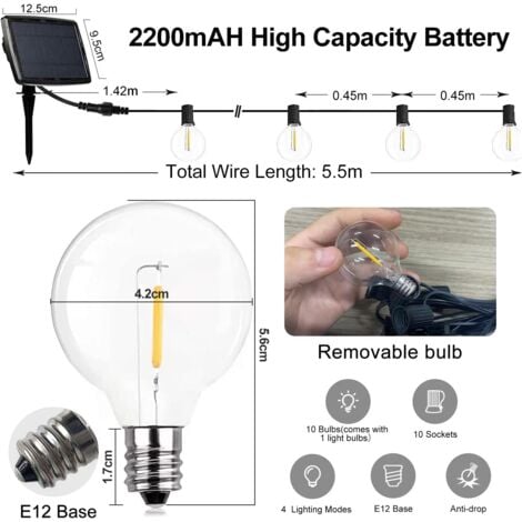 Guirlande Lumineuse Exterieur Solaire, Guirlande Guinguette Solaire 10+1 G40 LED Ampoules Étanche IP44 avec 4 Modes Éclairage Décoration Intérieur et Extérieur pour Jardin Fête Patio