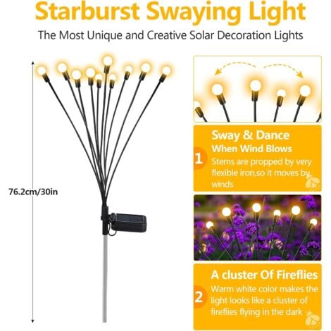 Lampes Solaires Exterieur,4 Pièces 10 LED Lumières Solaires Lucioles pour Jardin, Balcon,Lampe Solaire Exterieur Jardin Décoration,Étanche IP65,[Classe énergétique C] (Blanc Chaud)