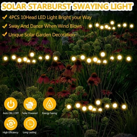 Lampes Solaires Exterieur,4 Pièces 10 LED Lumières Solaires Lucioles pour Jardin, Balcon,Lampe Solaire Exterieur Jardin Décoration,Étanche IP65,[Classe énergétique C] (Blanc Chaud)