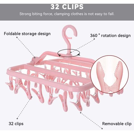 Zerone Linge Ménage 32 Clips Pliant Cintre Sèche Chaussettes Sous-Vêtements Etendoir (Rose