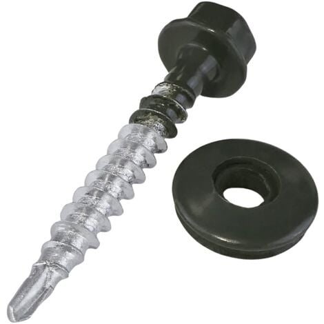 C57210 - Lot de 10 Vis autoperceuse métal sur bois Ø4.8x35 mm + rondelle d'étanchéité EPDM - peint en couleur gris anthracite RAL 7016 - empreinte de la tête 8 mm hexagonale - en acier