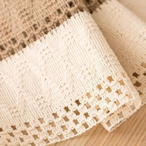 Chemin de Table en macramé, Chemin de Table à Manger 180 cm Coton Naturel et Lin, décor de Table à Pompons en Dentelle au Crochet bohème