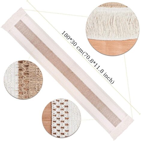 Chemin de Table en macramé, Chemin de Table à Manger 180 cm Coton Naturel et Lin, décor de Table à Pompons en Dentelle au Crochet bohème