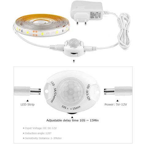 Ruban Led Avec Détecteur De Mouvements, Bande Led Flexible Autocollante,Étanche IP65 Avec Alimentation 12V Barre Lumineuse Pour Chambres, Salons, Cuisines, Armoires Et Décoration (5M, blanc)