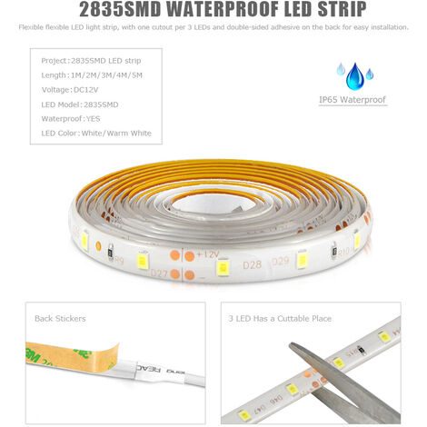 Ruban Led Avec Détecteur De Mouvements, Bande Led Flexible Autocollante,Étanche IP65 Avec Alimentation 12V Barre Lumineuse Pour Chambres, Salons, Cuisines, Armoires Et Décoration (5M, blanc)
