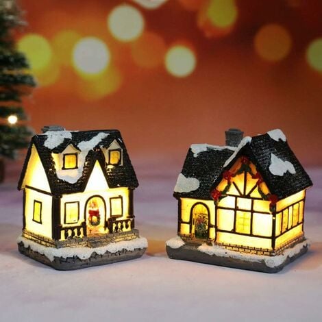 LED Noël Mini Snow House Glowing Village House Village de Noël Glowing  Village House Ornement en résine de bureau pour la décoration de Noël 