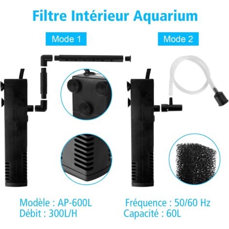 Filtre Aquarium à Débit d’Eau 4 W 600L/H Filtre Interne pour Aquarium 60L Filtre Pompe Aquarium avec Éponges Filtrantes pour Poisson